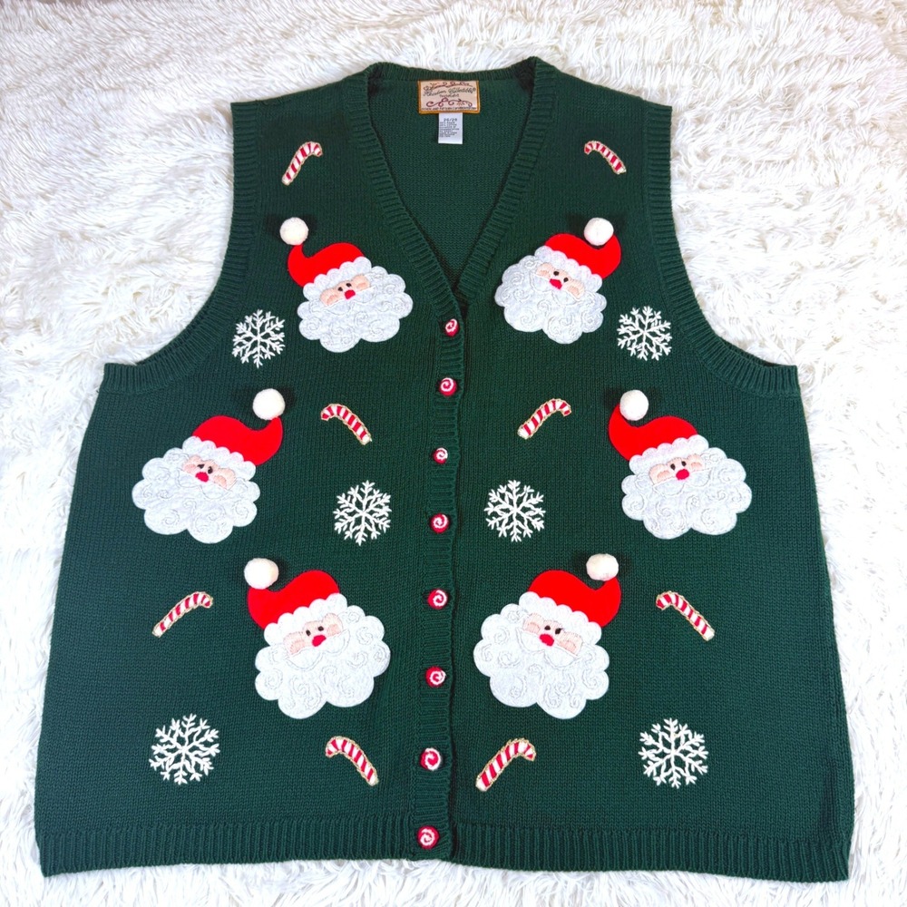 Heirloom Collectibles Women's Vintage Christmas Sweater Vest 26 28 Green Santa
